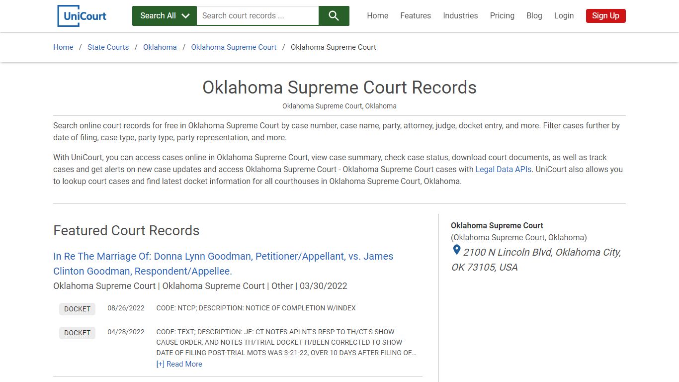 Oklahoma Supreme Court Records | Oklahoma | UniCourt