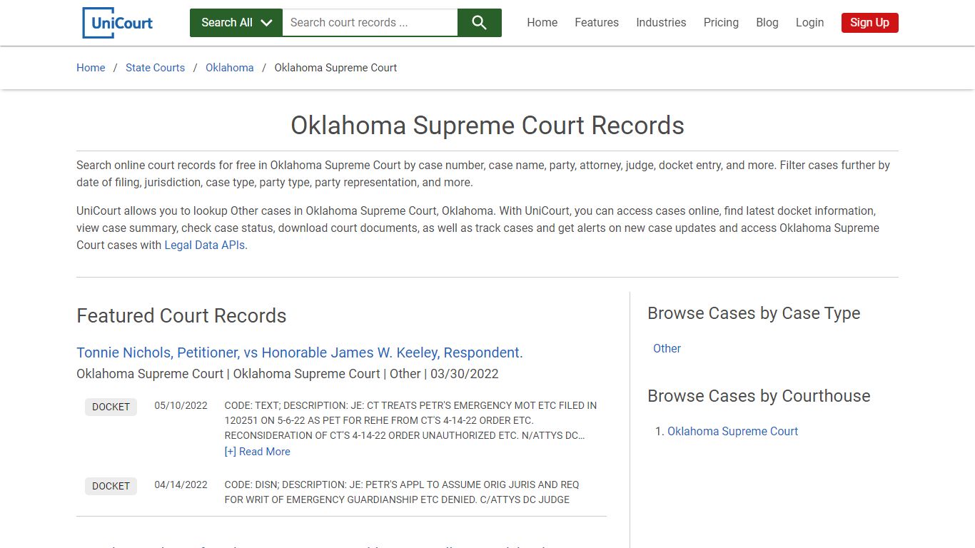 Oklahoma Supreme Court Records | Oklahoma | UniCourt